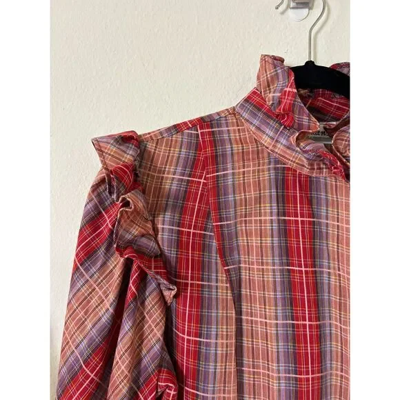 VTG Notations Ruffle blouse red plaid western prairie Sz10 Edwardian cottagecore - Picture 5 of 9